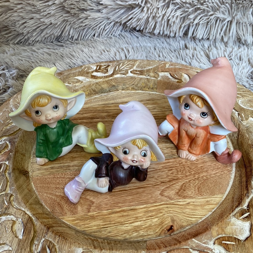 VINTAGE HOMCO PIXIE ELVES SET OF 3 EUC